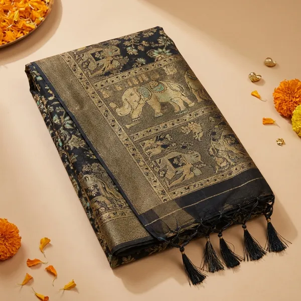 Black_&_Gold_Elegant_Banarasi_Silk_Saree_With_Traditional_Motifs