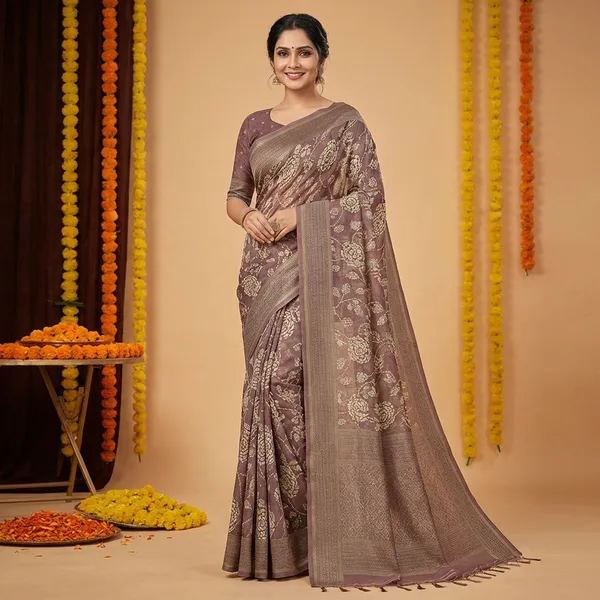 Purple_Floral_Print_Saree_With_Golden_Border