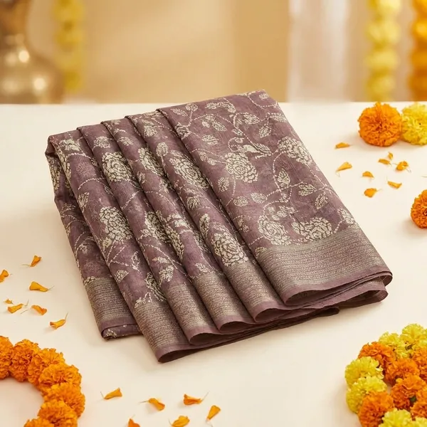Purple_Floral_Print_Saree_With_Golden_Border