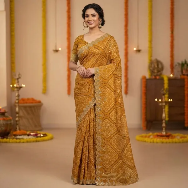Golden_Mustard_Embellished_Saree_With_Intricate_Bandhani_Pattern