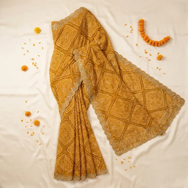 Golden_Mustard_Embellished_Saree_With_Intricate_Bandhani_Pattern