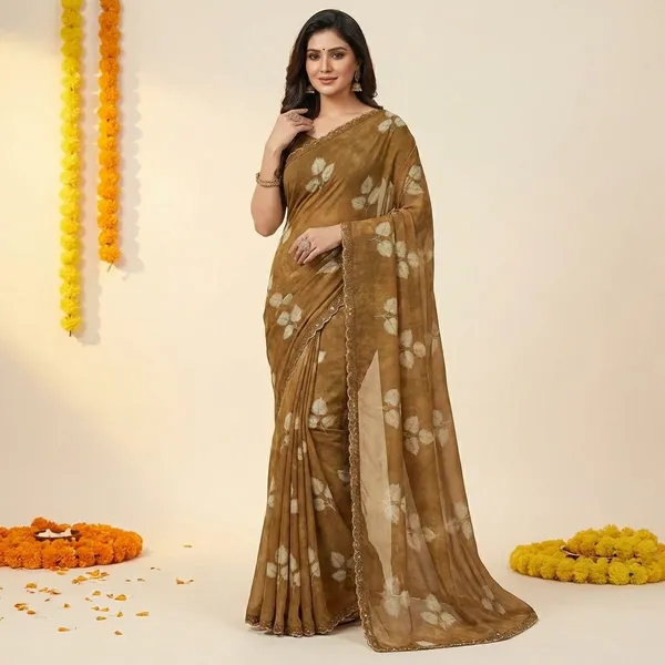 Golden_Brown_Floral_Print_Saree_With_Embellished_Border