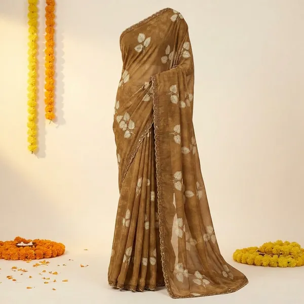 Golden_Brown_Floral_Print_Saree_With_Embellished_Border