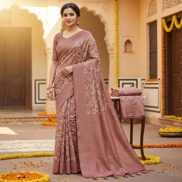 Rose_Pink_Designer_Embroidered_Saree_With_Tassels