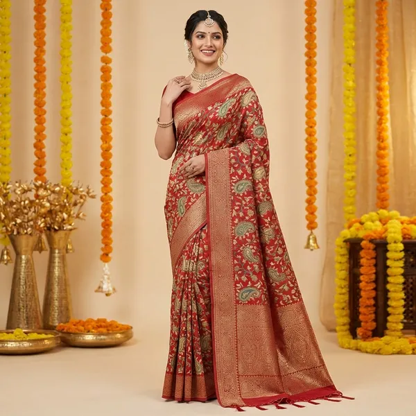 Red_Banarasi_Silk_Saree_With_Golden_Floral_Weaving_And_Border