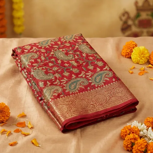 Red_Banarasi_Silk_Saree_With_Golden_Floral_Weaving_And_Border