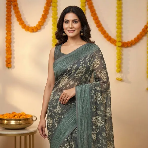 Grey_And_Green_Elegant_Floral_Print_Saree