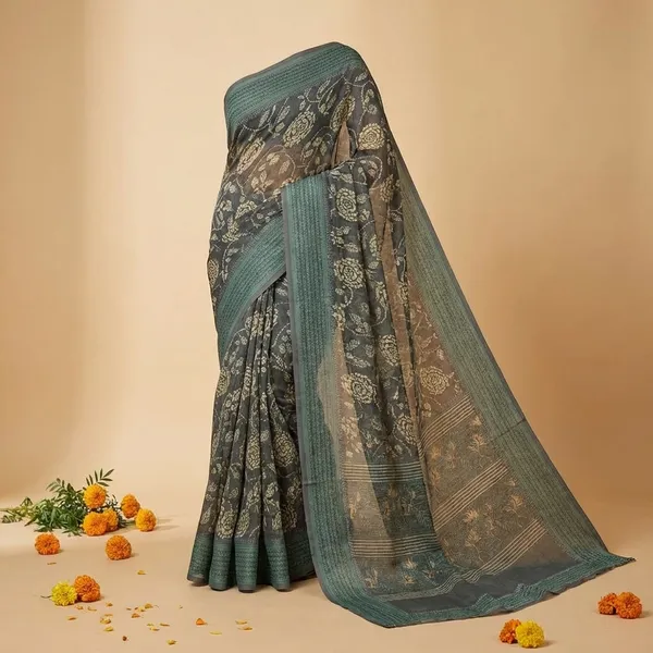 Grey_And_Green_Elegant_Floral_Print_Saree