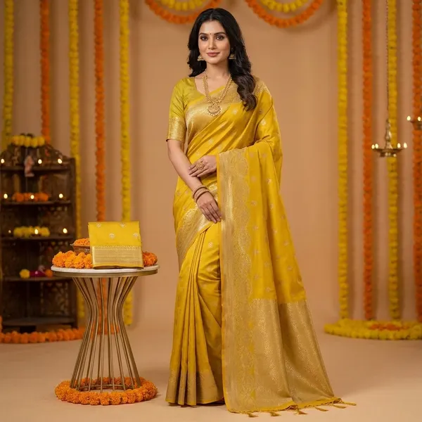 Yellow_Vibrant_Banarasi_Silk_Saree_With_Golden_Zari_Border