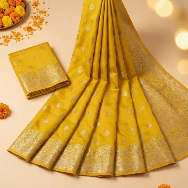Yellow_Vibrant_Banarasi_Silk_Saree_With_Golden_Zari_Border