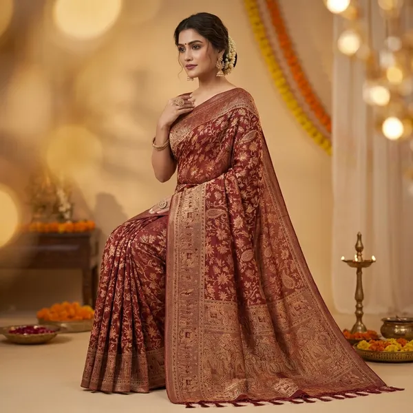 Maroon_Banarasi_Silk_Saree_With_Golden_Zari_Work