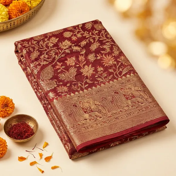 Maroon_Banarasi_Silk_Saree_With_Golden_Zari_Work