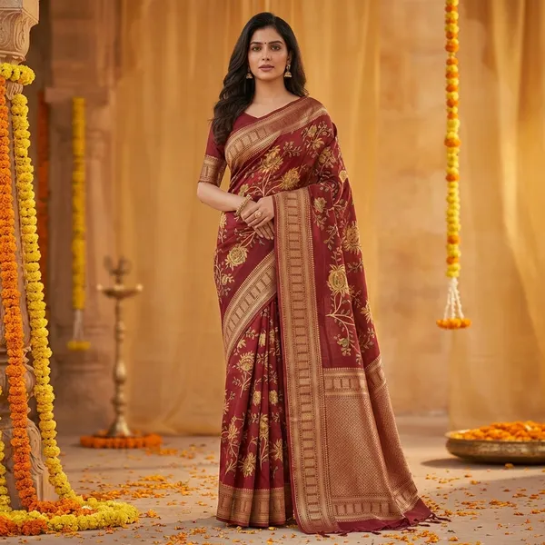 Maroon_Banarasi_Silk_Saree_With_Golden_Floral_Embroidery_And_Zari_Border