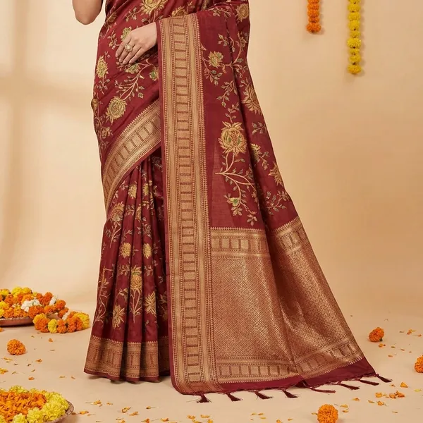 Maroon_Banarasi_Silk_Saree_With_Golden_Floral_Embroidery_And_Zari_Border
