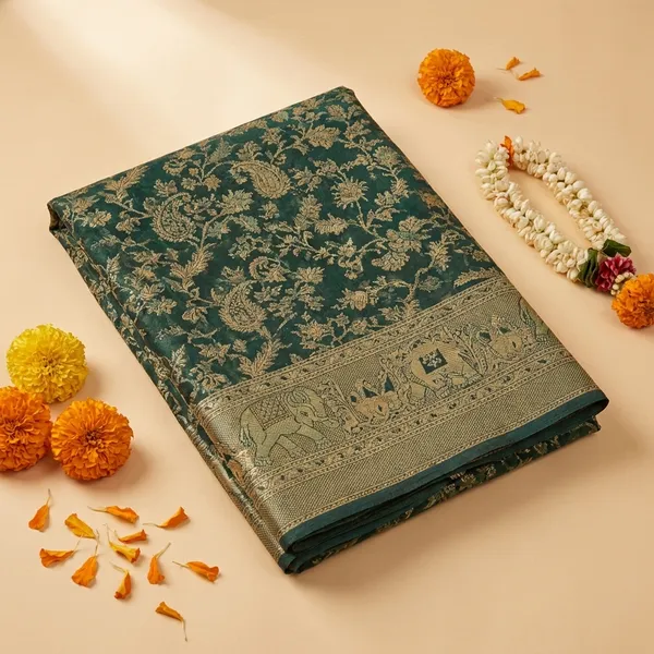 Teal_Green_Banarasi_Silk_Saree_With_Golden_Zari_Work_-_Traditional_Weaving_Pattern