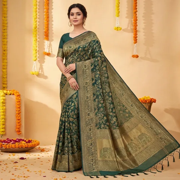 Teal_Green_Banarasi_Silk_Saree_With_Golden_Zari_Work_-_Traditional_Weaving_Pattern