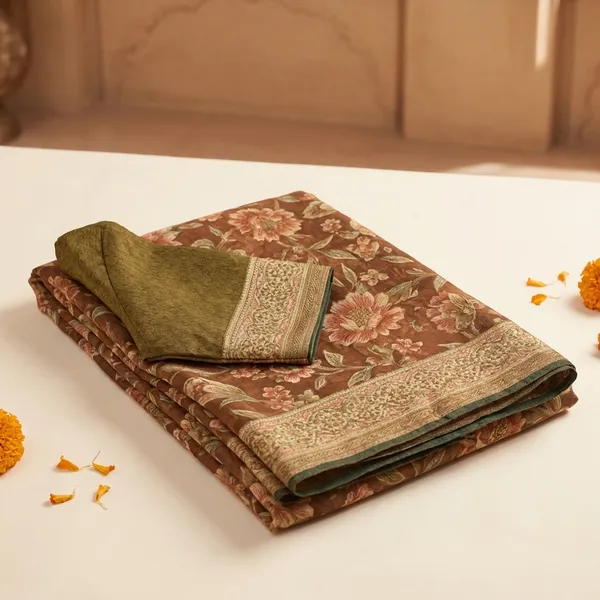 Brown_Floral_Embroidered_Saree_With_Golden_Border_And_Blouse