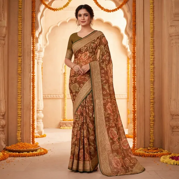 Brown_Floral_Embroidered_Saree_With_Golden_Border_And_Blouse