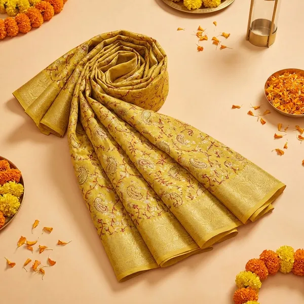 Yellow_Silk_Saree_With_Floral_Embroidery_And_Golden_Border