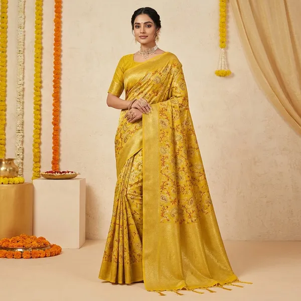 Yellow_Silk_Saree_With_Floral_Embroidery_And_Golden_Border