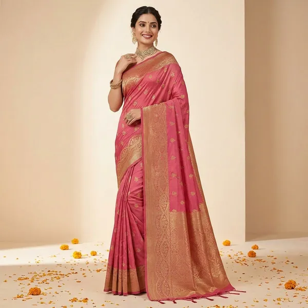 Pink_Banarasi_Silk_Saree_With_Golden_Zari_Border_And_Pallu