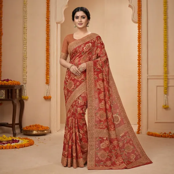 Red_Banarasi_Silk_Saree_With_Golden_Floral_Weave_And_Border