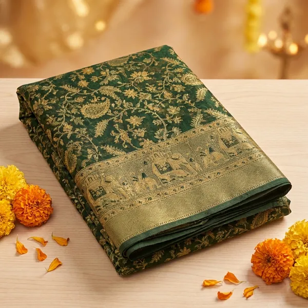 Olive_Green_Banarasi_Silk_Saree_With_Gold_Zari_Work
