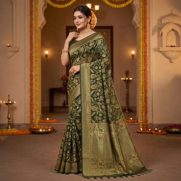 Olive_Green_Banarasi_Silk_Saree_With_Gold_Zari_Work