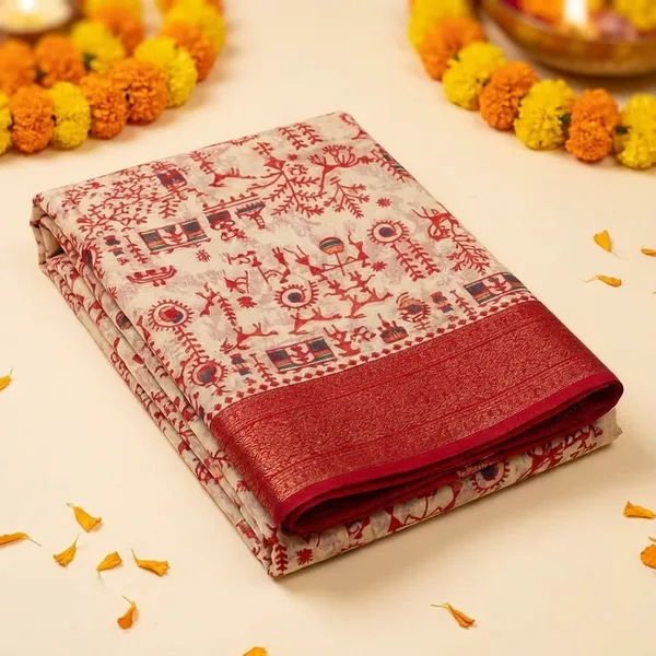 Red_And_Beige_Floral_Print_Saree_With_Red_Blouse