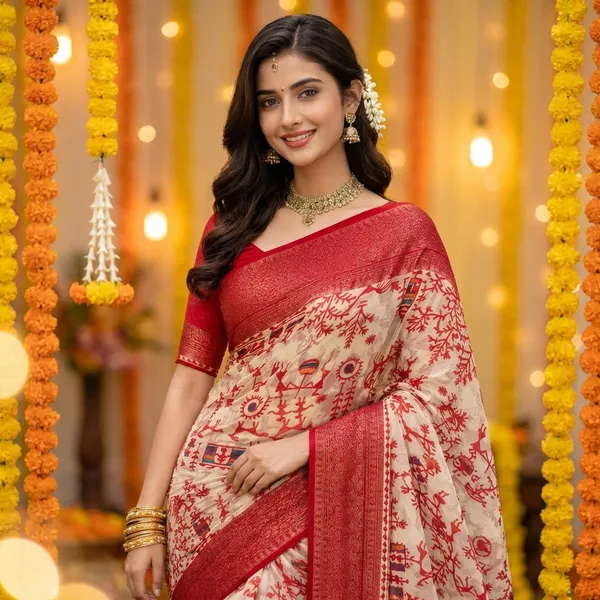 Red_And_Beige_Floral_Print_Saree_With_Red_Blouse
