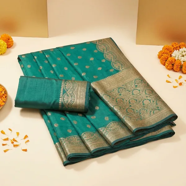 Teal_Green_Banarasi_Silk_Saree_With_Golden_Zari_Work