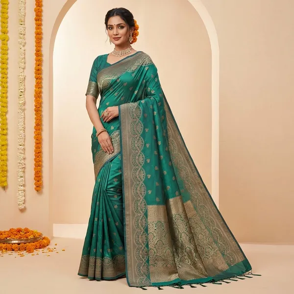 Teal_Green_Banarasi_Silk_Saree_With_Golden_Zari_Work