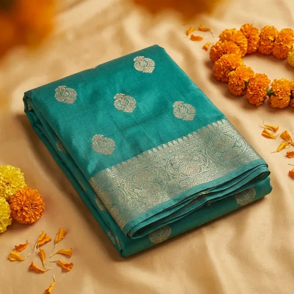 Teal_Green_Banarasi_Silk_Saree_With_Golden_Zari_Work