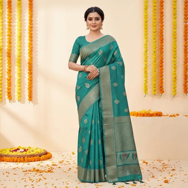Teal_Green_Banarasi_Silk_Saree_With_Golden_Zari_Work