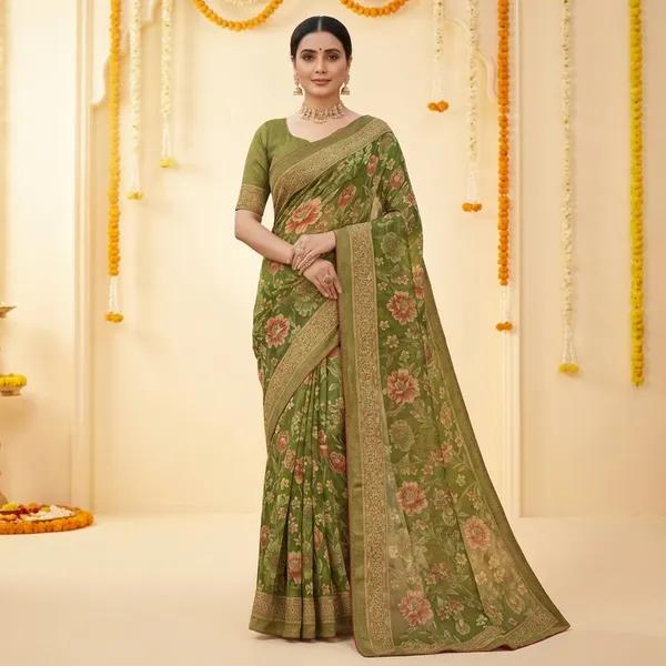 Green_Elegant_Floral_Saree_With_Golden_Border_And_Embroidered_Blouse