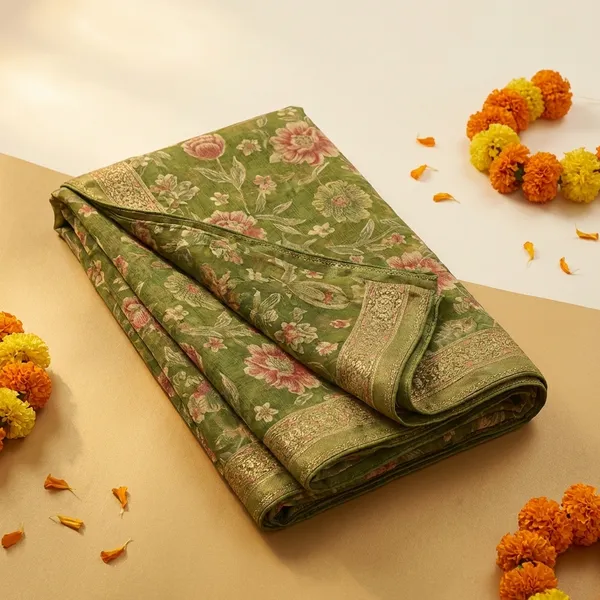 Green_Elegant_Floral_Saree_With_Golden_Border_And_Embroidered_Blouse