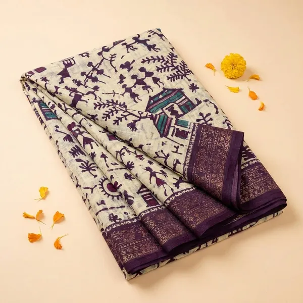 Cream_Elegant_Saree_With_Purple_Warli_Print_Border