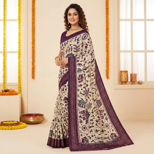 Cream_Elegant_Saree_With_Purple_Warli_Print_Border