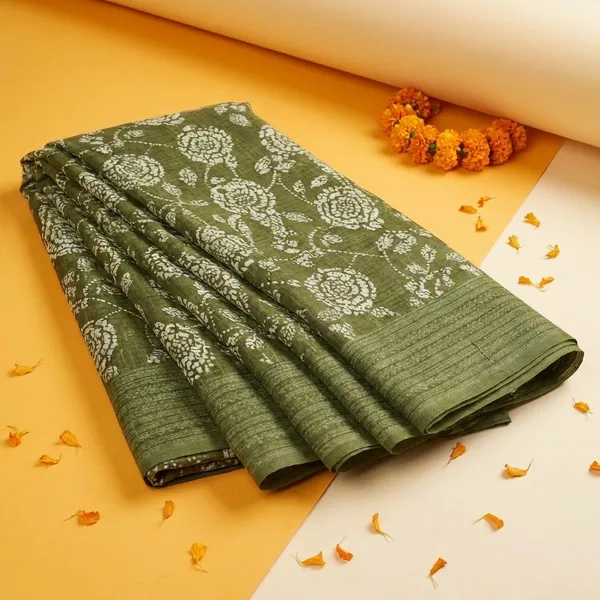 Olive_Green_Elegant_Floral_Print_Linen_Saree_With_Striped_Border
