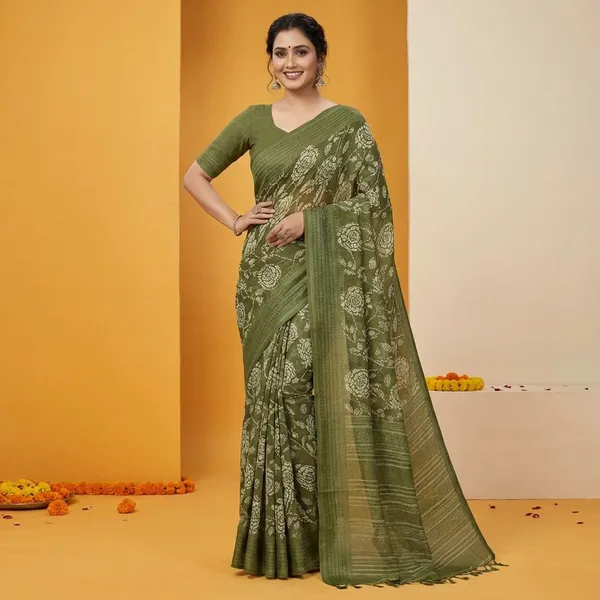 Olive_Green_Elegant_Floral_Print_Linen_Saree_With_Striped_Border