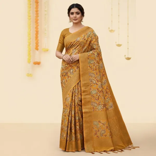 Mustard_Yellow_Floral_Printed_Silk_Saree_With_Golden_Border