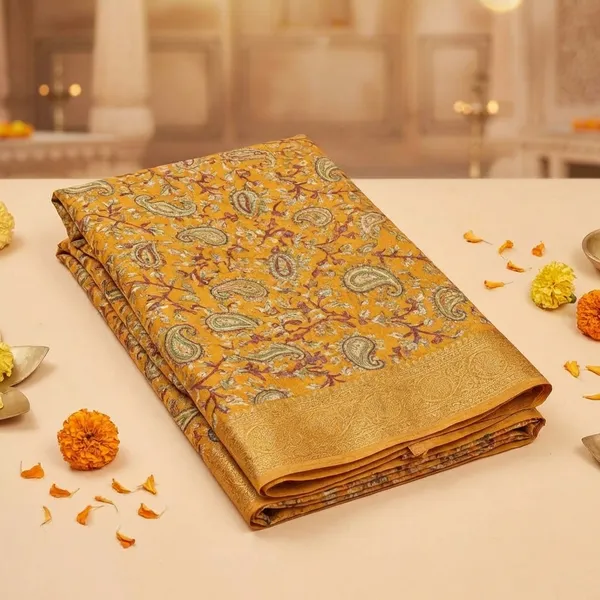 Mustard_Yellow_Floral_Printed_Silk_Saree_With_Golden_Border