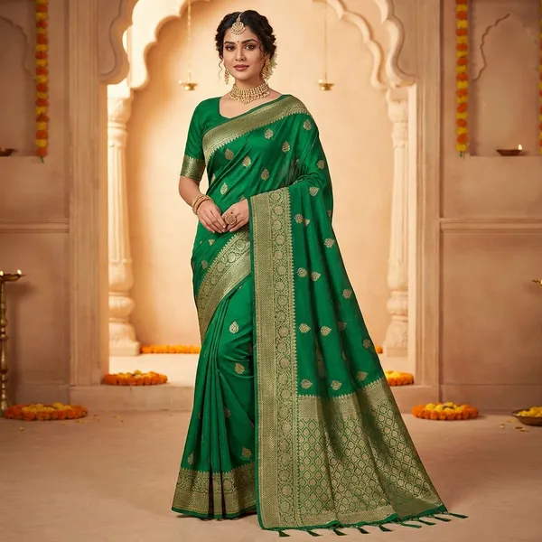 Green_Banarasi_Silk_Saree_With_Golden_Zari_Work