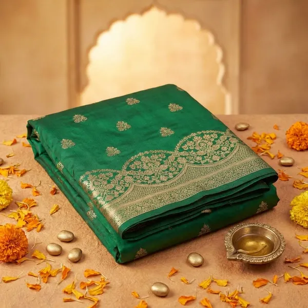 Green_Banarasi_Silk_Saree_With_Golden_Zari_Work