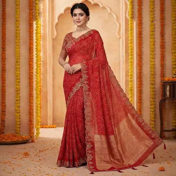 Red_Bandhani_Saree_With_Golden_Border_And_Embroidered_Blouse