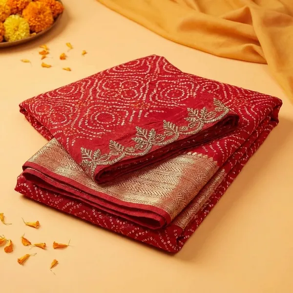 Red_Bandhani_Saree_With_Golden_Border_And_Embroidered_Blouse