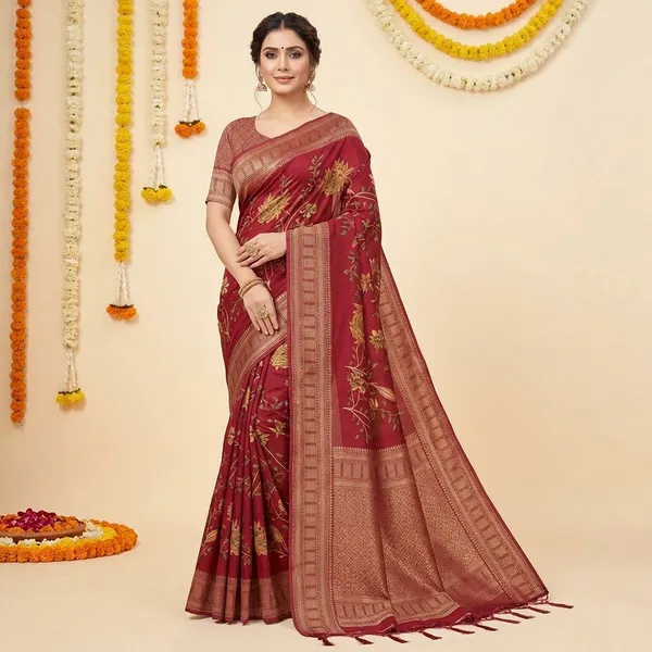 Maroon_Banarasi_Silk_Saree_With_Golden_Zari_Work