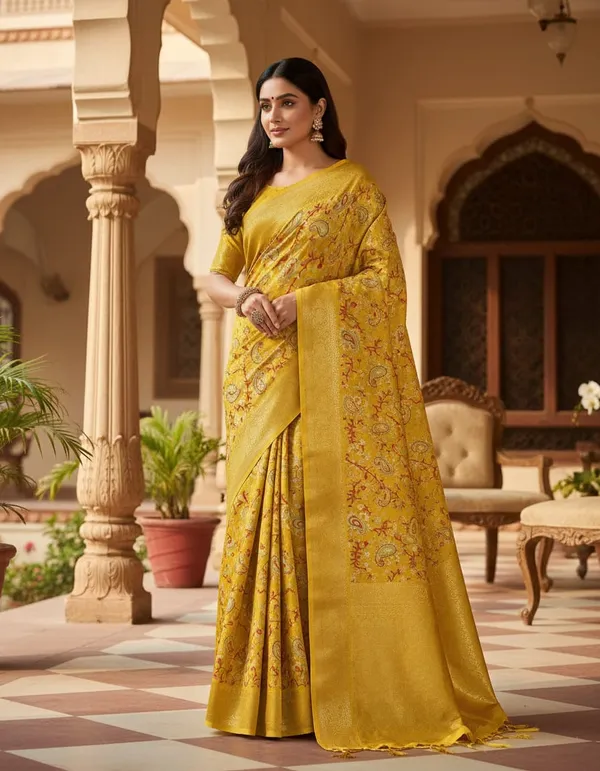 Yellow_Silk_Saree_With_Floral_Embroidery_And_Golden_Border