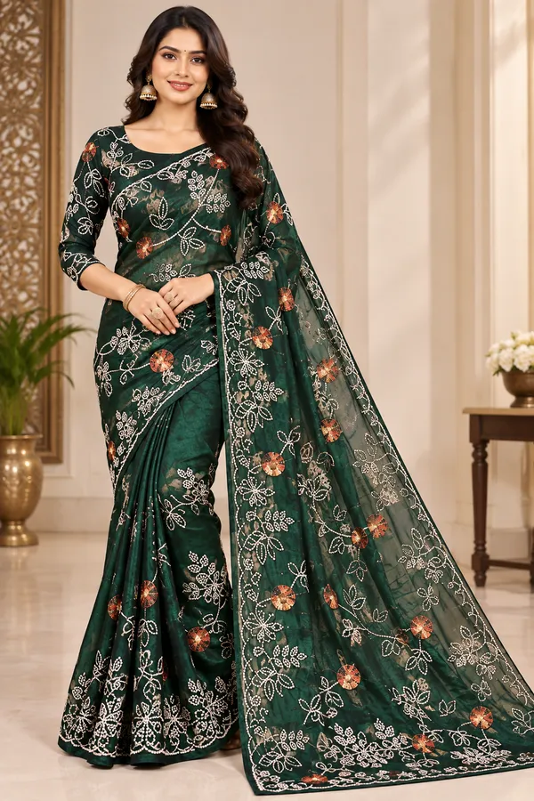 Dark_Bottle_Green_Embroidered_Designer_Saree