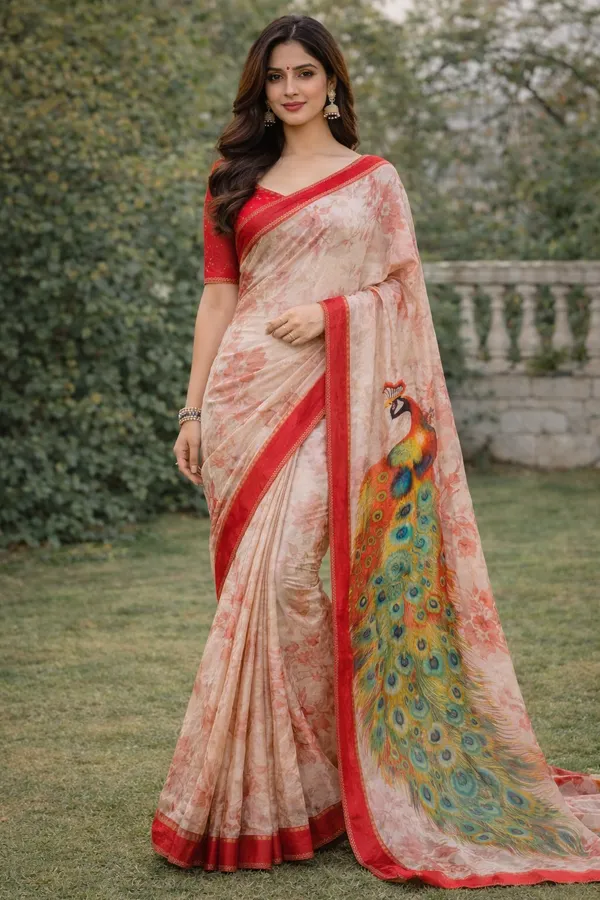 Designer_Floral_Saree_with_Peacock_Print_Pallu_&_Red_Border”